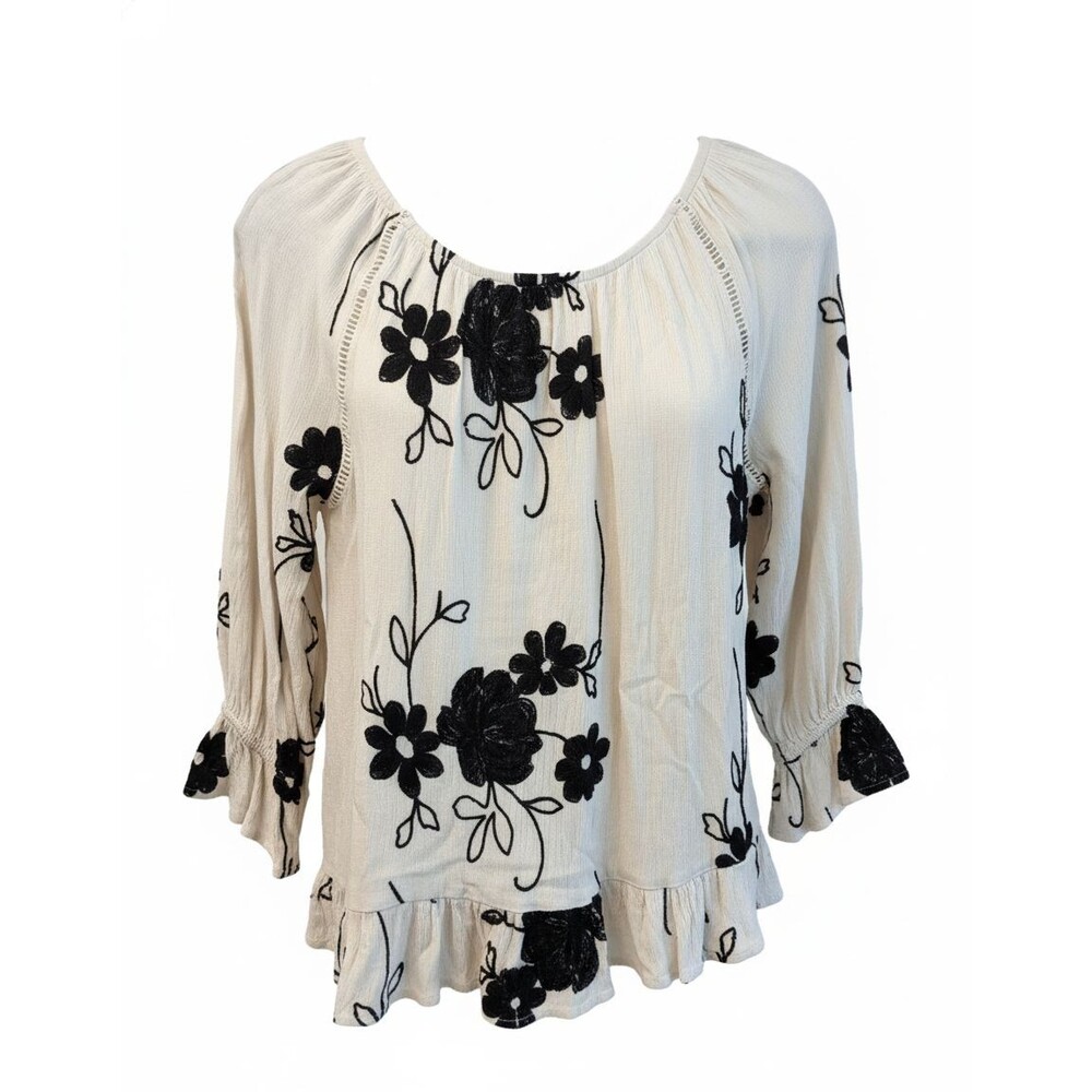 LIV LA Small Cottagecore Embroidered Floral Ruffle Peplum 3/4 Sleeve B/W Top S